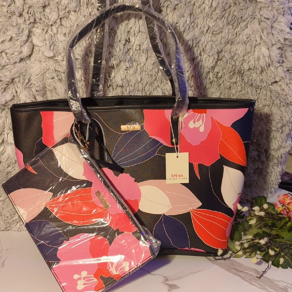 Black and Pink Floral Women's Tote Bag Set